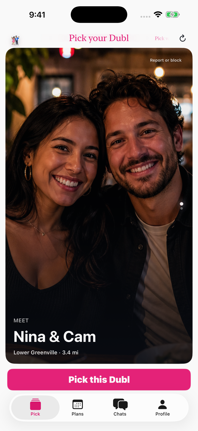 DublTrubl app screen for choosing another couple