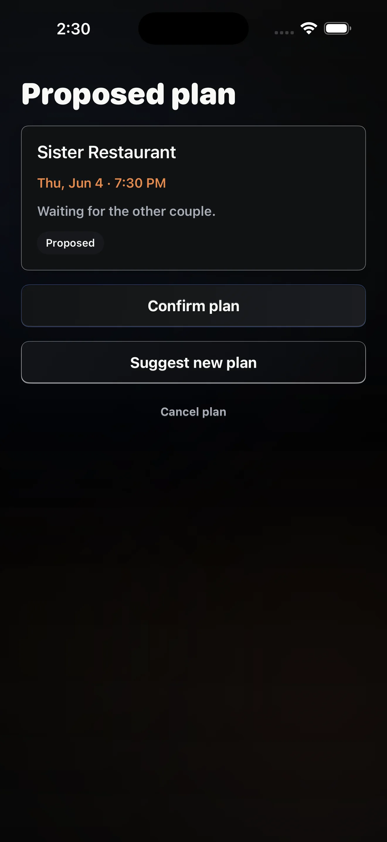 DublTrubl app screen for planning a double date